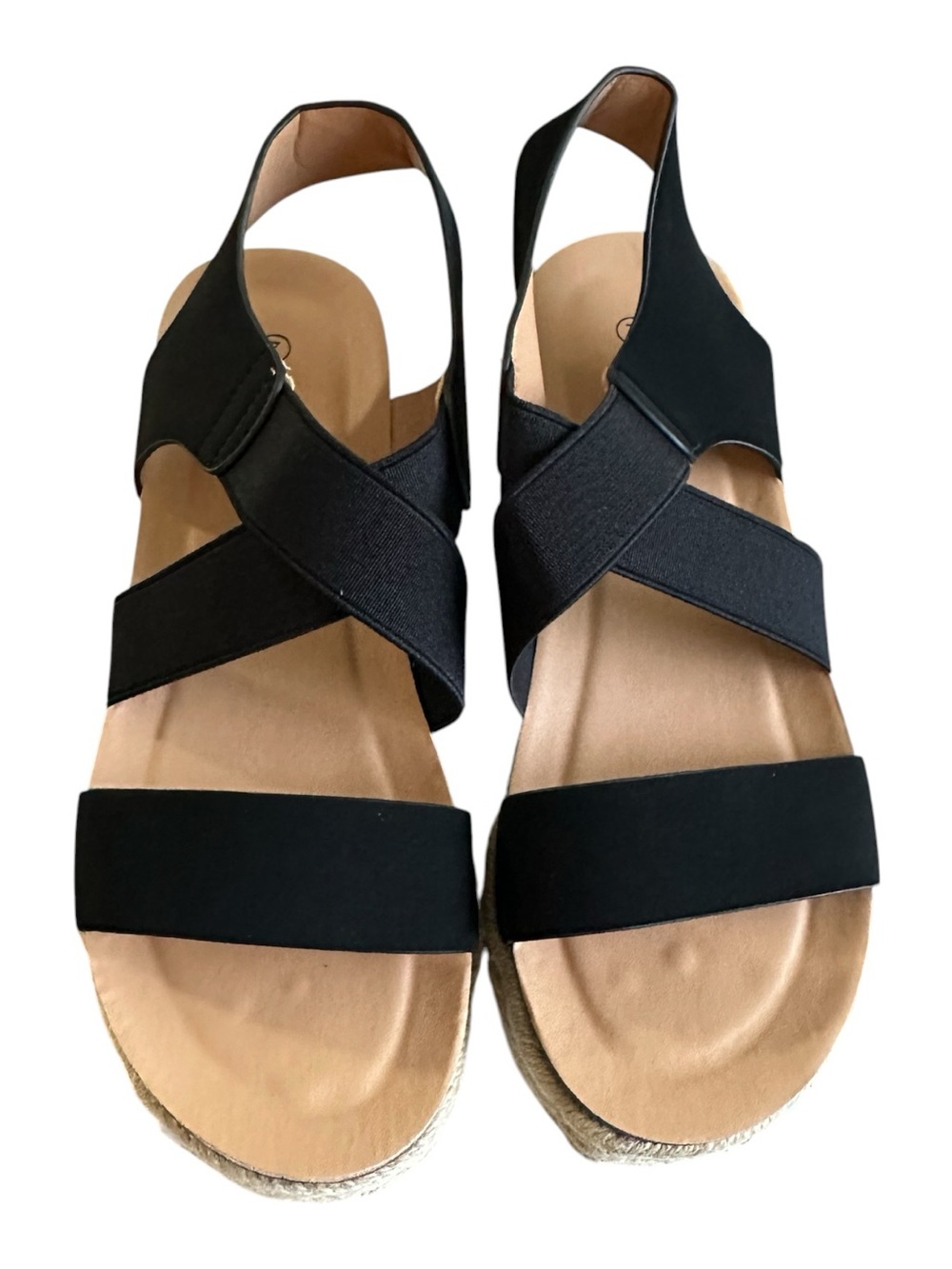 NWB FOREVER SZ 7 med black  Liberty 84 wedge Stretch Platform Sandal NEW